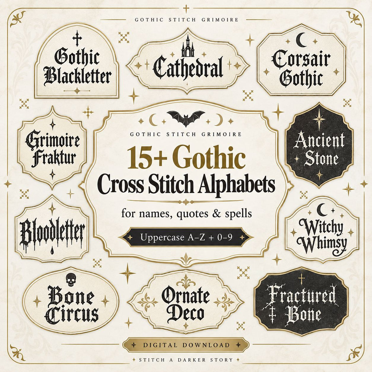 15+ gothic alphabets for names, dates & quotes.